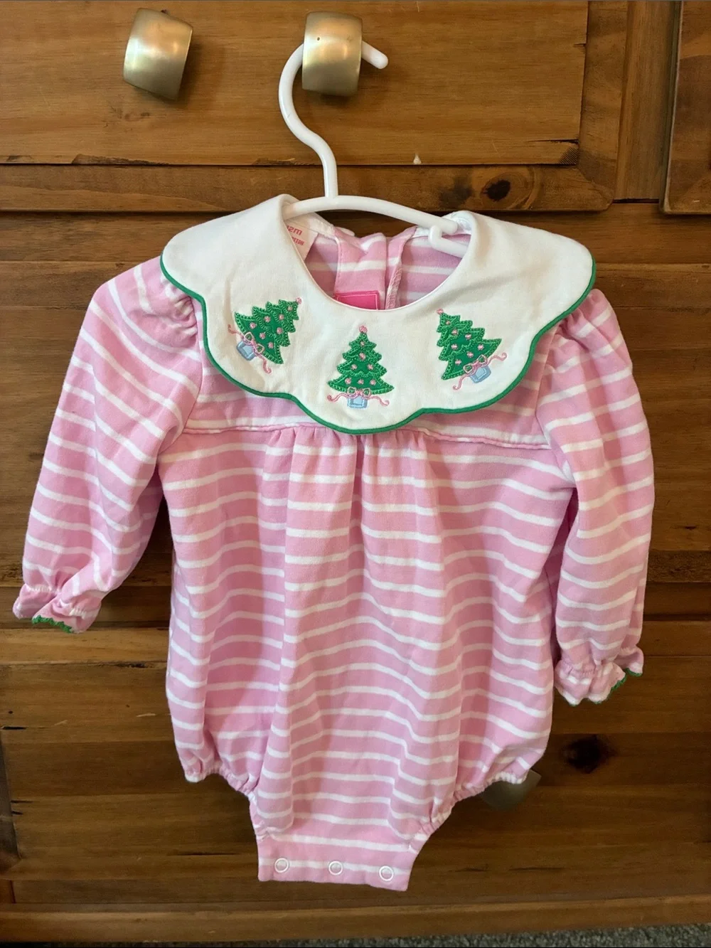 Pink Striped Long-Sleeve Baby One-Piece with Embroidered Collar